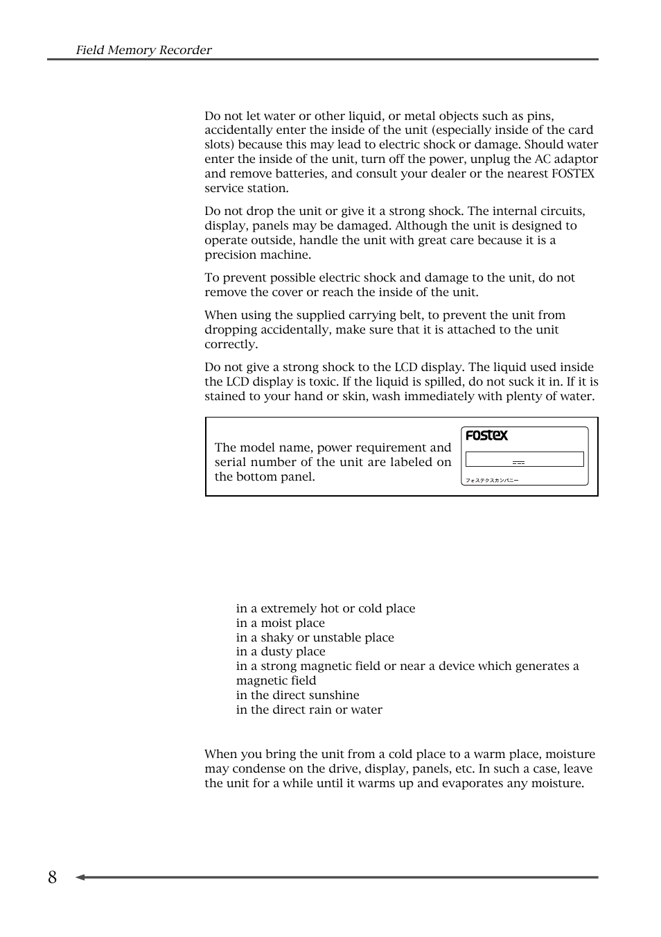 Precautions on installation | Fostex FR-2 User Manual | Page 8 / 110