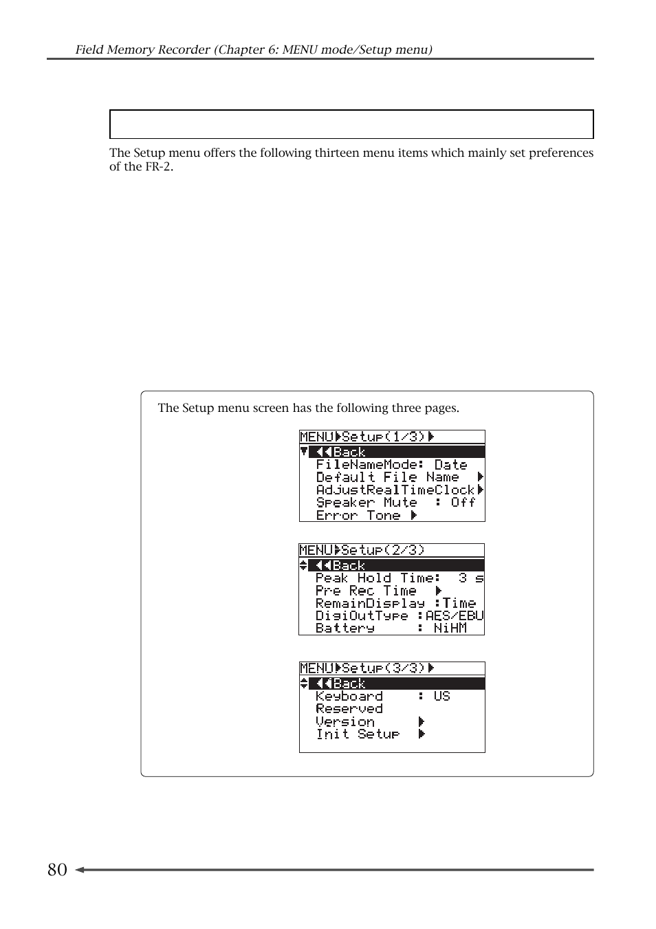 Setup menu | Fostex FR-2 User Manual | Page 80 / 110