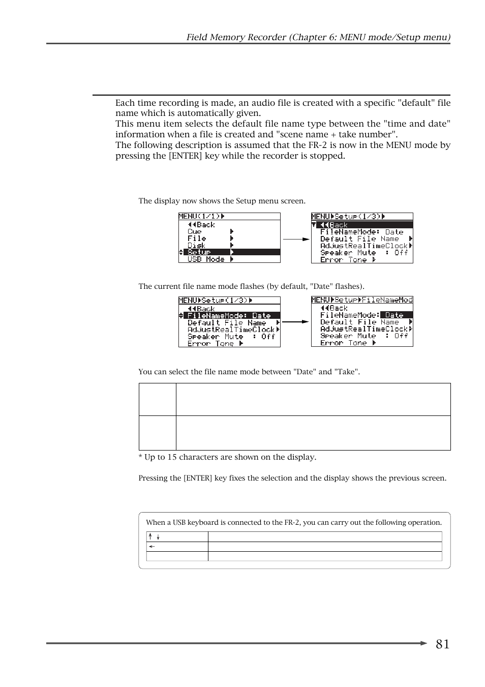 Selecting default file name type (file name mode) | Fostex FR-2 User Manual | Page 81 / 110