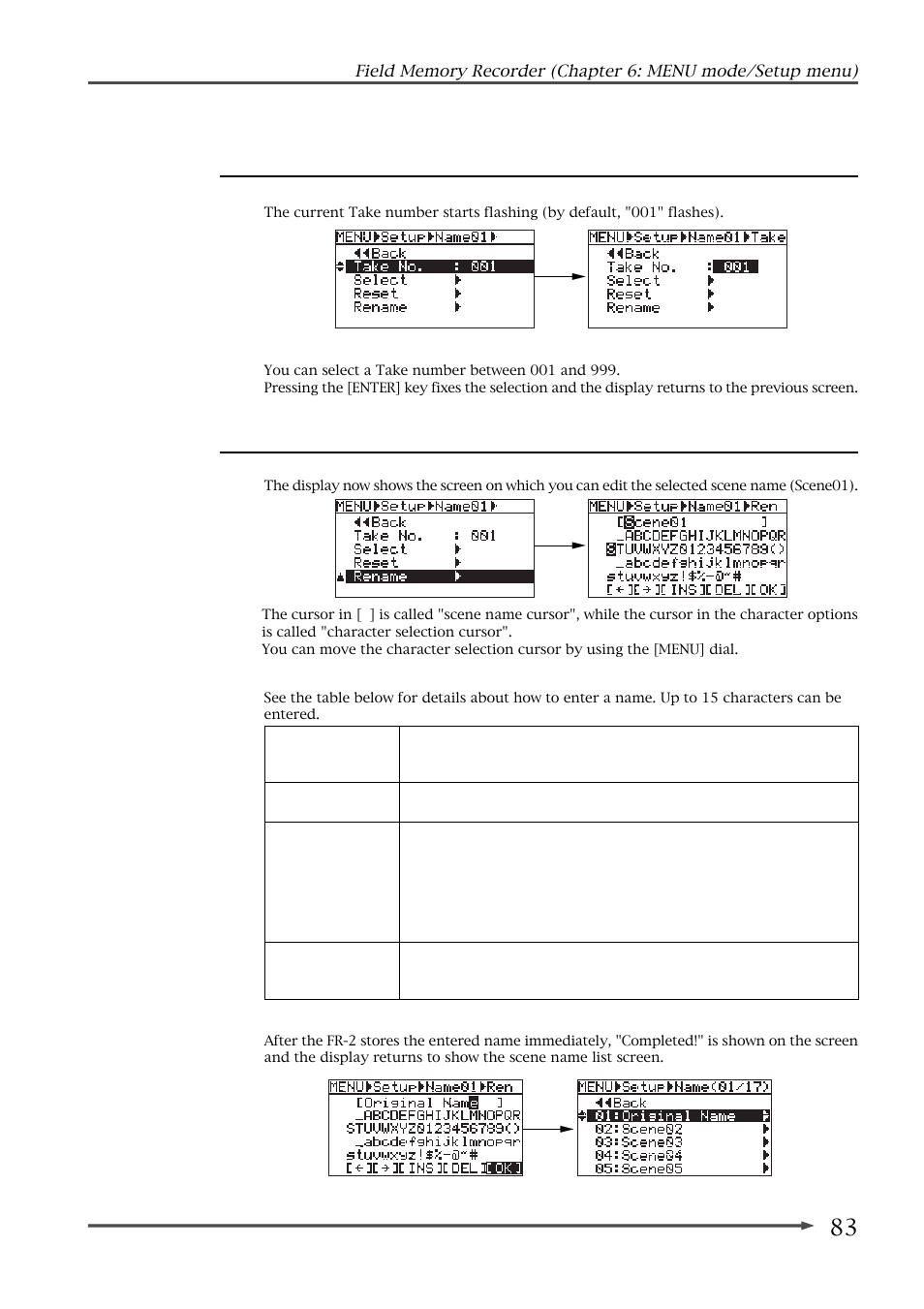 Selecting take number, Renaming the scene name | Fostex FR-2 User Manual | Page 83 / 110