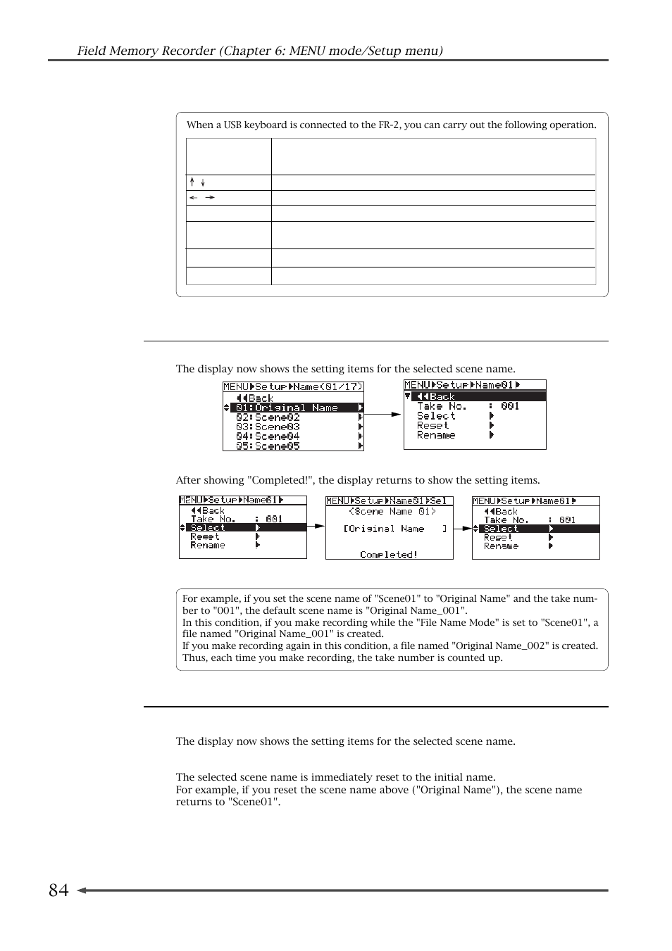 Enabling the selected scene name, Resetting the scene name to the initial name | Fostex FR-2 User Manual | Page 84 / 110