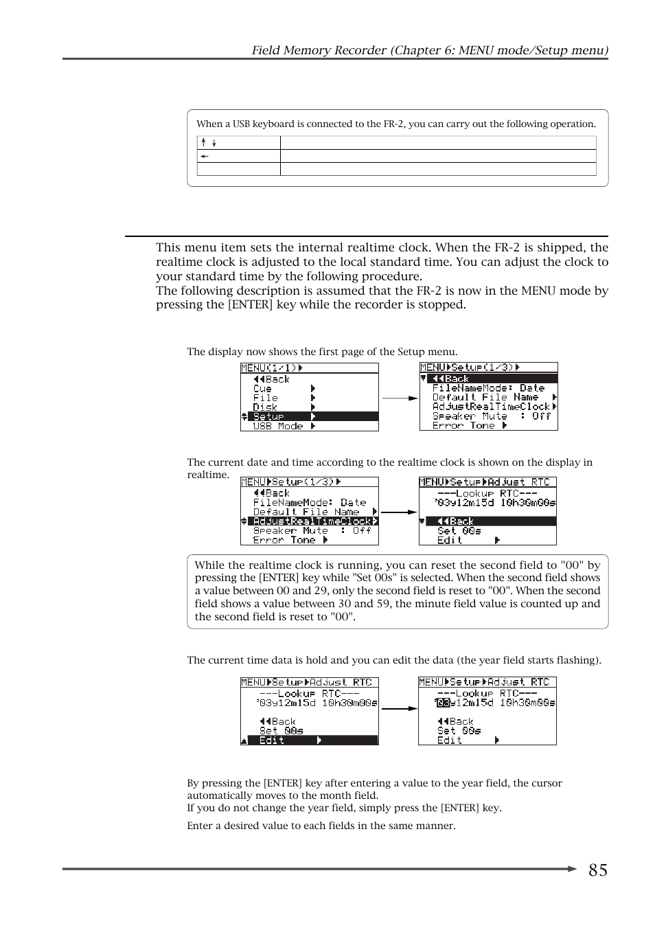 Adjusting the real time clock (adjust real time) | Fostex FR-2 User Manual | Page 85 / 110