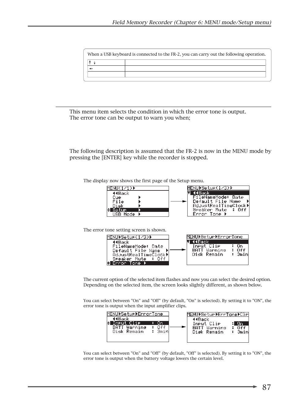 Setting error tone output condition (error tone) | Fostex FR-2 User Manual | Page 87 / 110