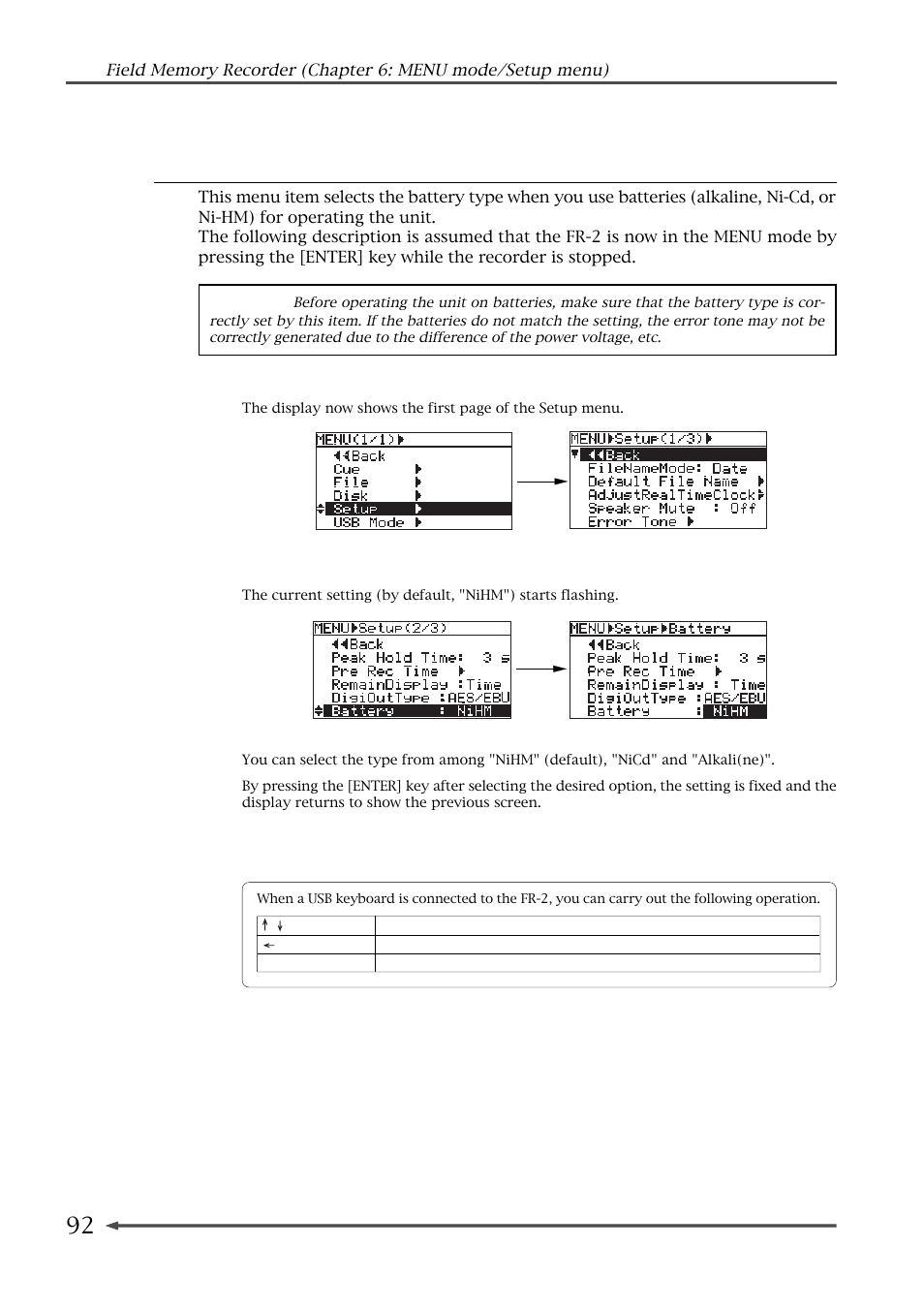 Selecting the battery type (battery) | Fostex FR-2 User Manual | Page 92 / 110