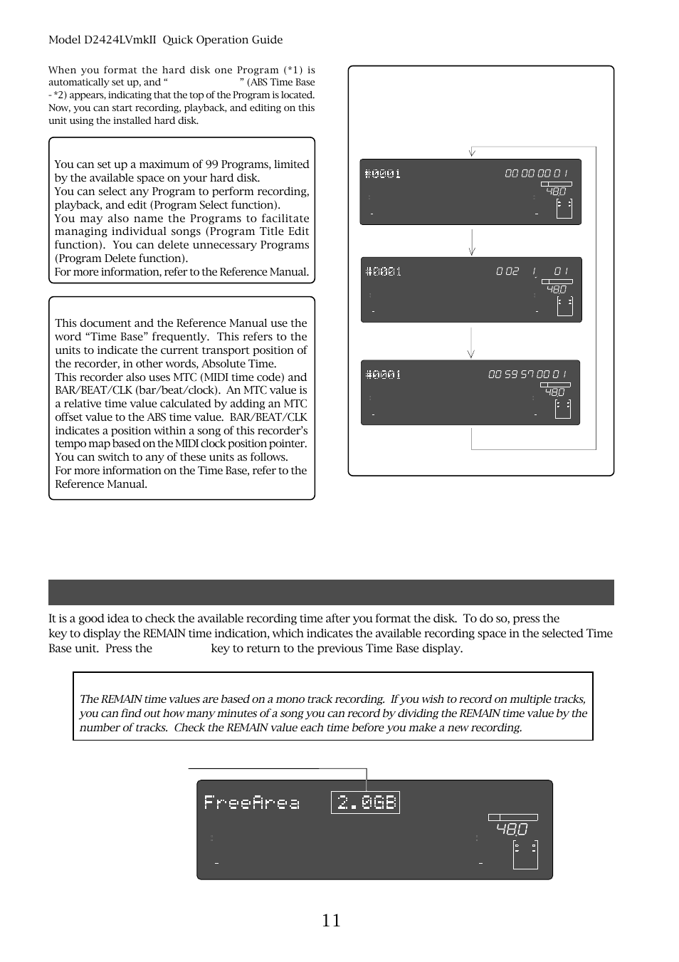 1) program, 2) time base, Model d2424lvmkii quick operation guide | Space remaining, Abs time base bar/beat/clk time base mtc time base | Fostex D2424LVMKII User Manual | Page 10 / 26