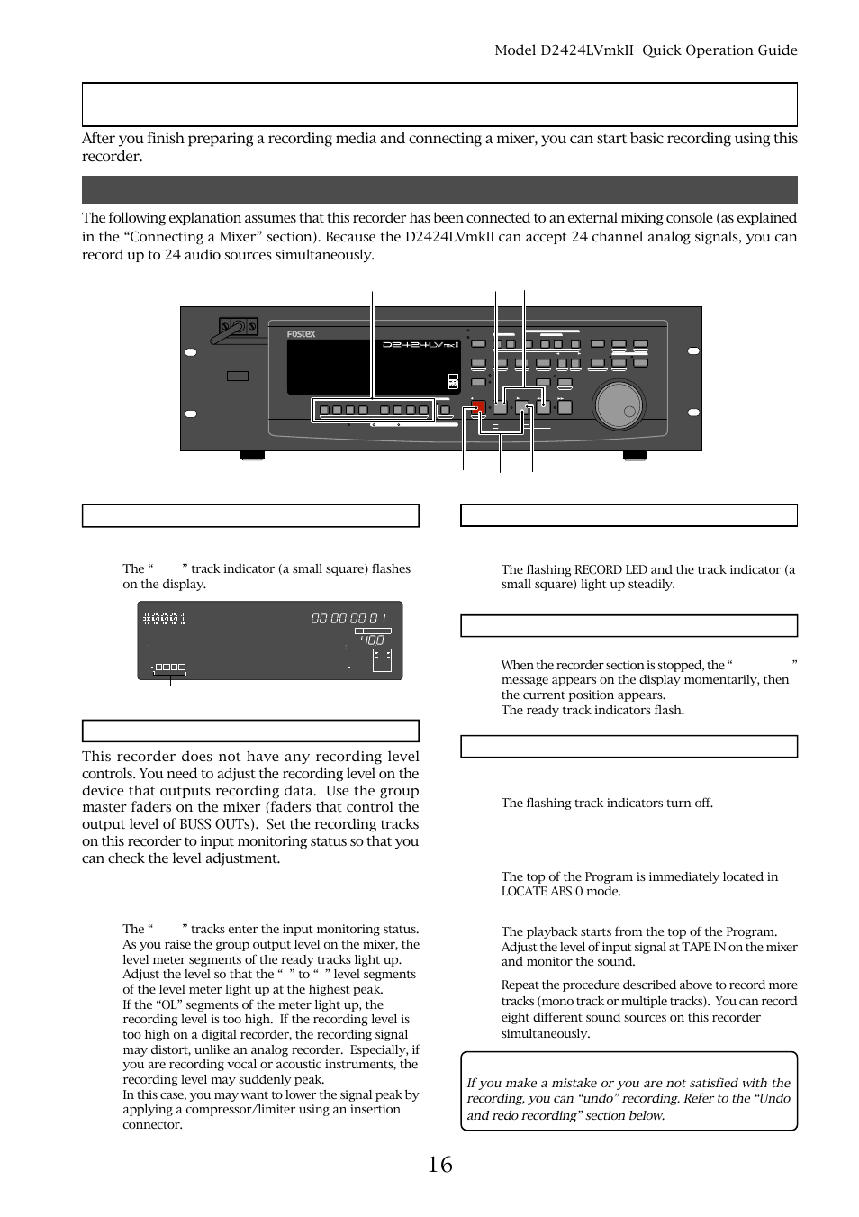 Basic recording, Undo and redo recording, Basic analog recording | Selecting a recording track, Starting recording, Stopping recording playing the recorded tracks, Adjusting the recording level, Model d2424lvmkii quick operation guide, Press the [stop] button, Press the [play] button | Fostex D2424LVMKII User Manual | Page 15 / 26