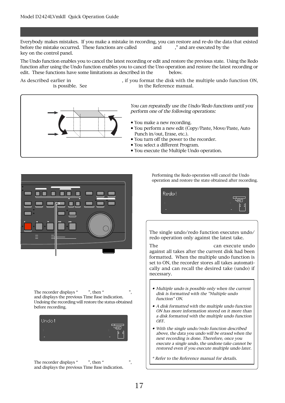Hints, Undo and redo recording (single undo/redo), Undo/redo] key) | Model d2424lvmkii quick operation guide, Cautions for the multiple undo function | Fostex D2424LVMKII User Manual | Page 16 / 26