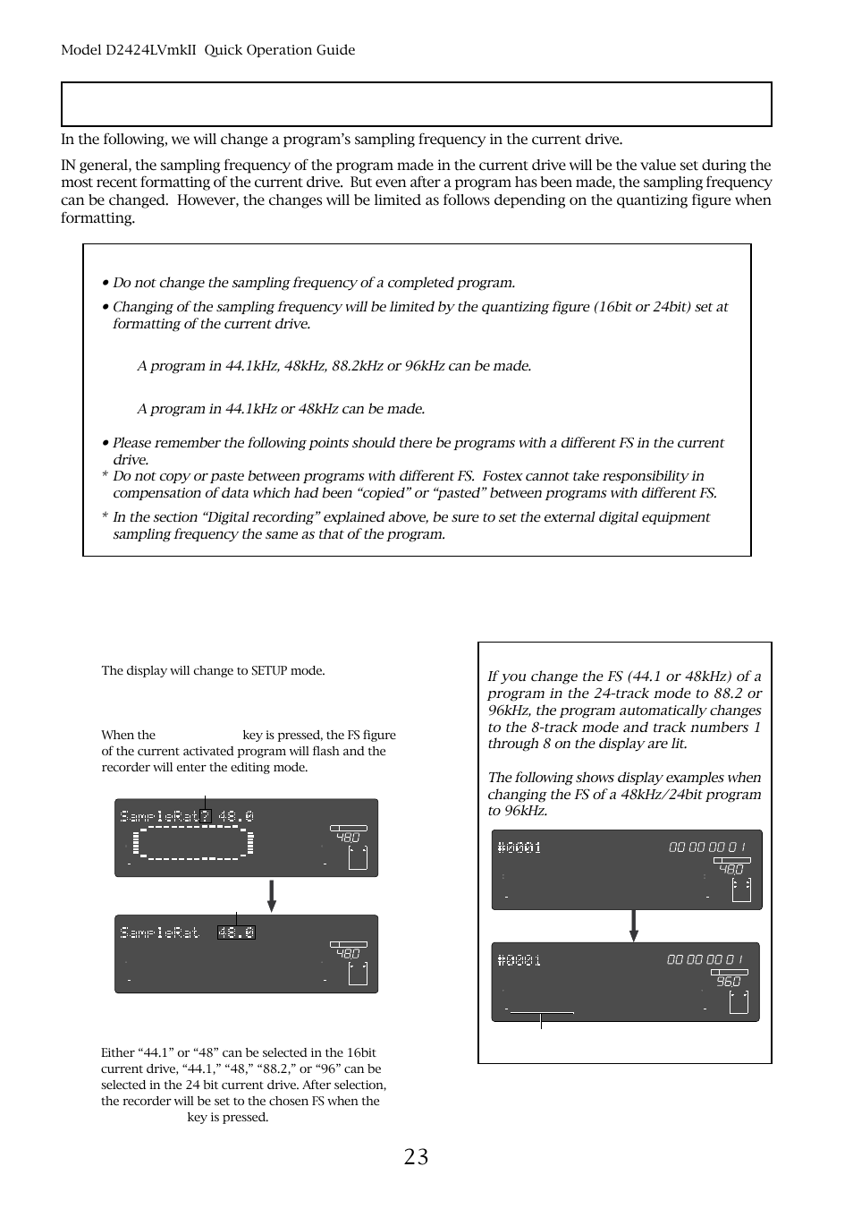 Changing the program fs, Current drive formatting by 24bit, Current drive formatting by 16bit | Model d2424lvmkii quick operation guide, Track numbers 1 through 8 are lit, The display will change to setup mode | Fostex D2424LVMKII User Manual | Page 22 / 26