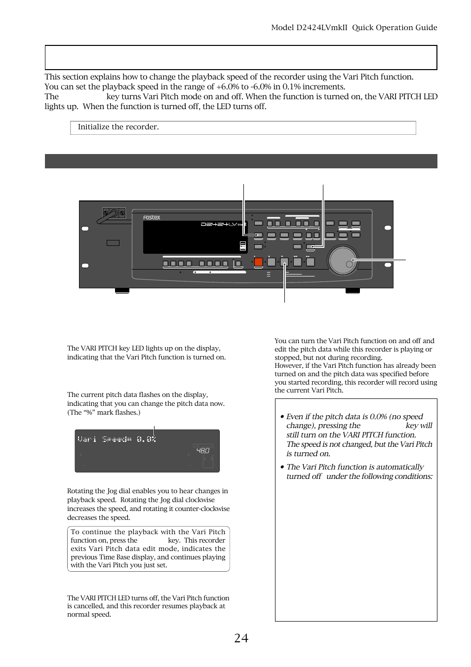 Playback using the vari-pitch function, Vari-pitch function procedures, Model d2424lvmkii quick operation guide | Set the desired pitch data using the jog dial, Flashing | Fostex D2424LVMKII User Manual | Page 23 / 26