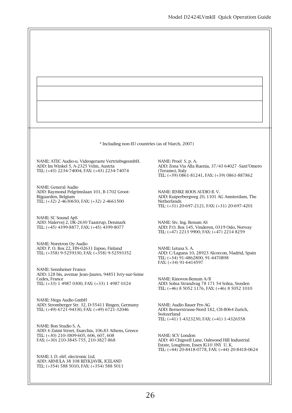 Declaration of ec directive, 26 fostex distributors list in europe, The affect of immunity on this equipment | Fostex D2424LVMKII User Manual | Page 25 / 26