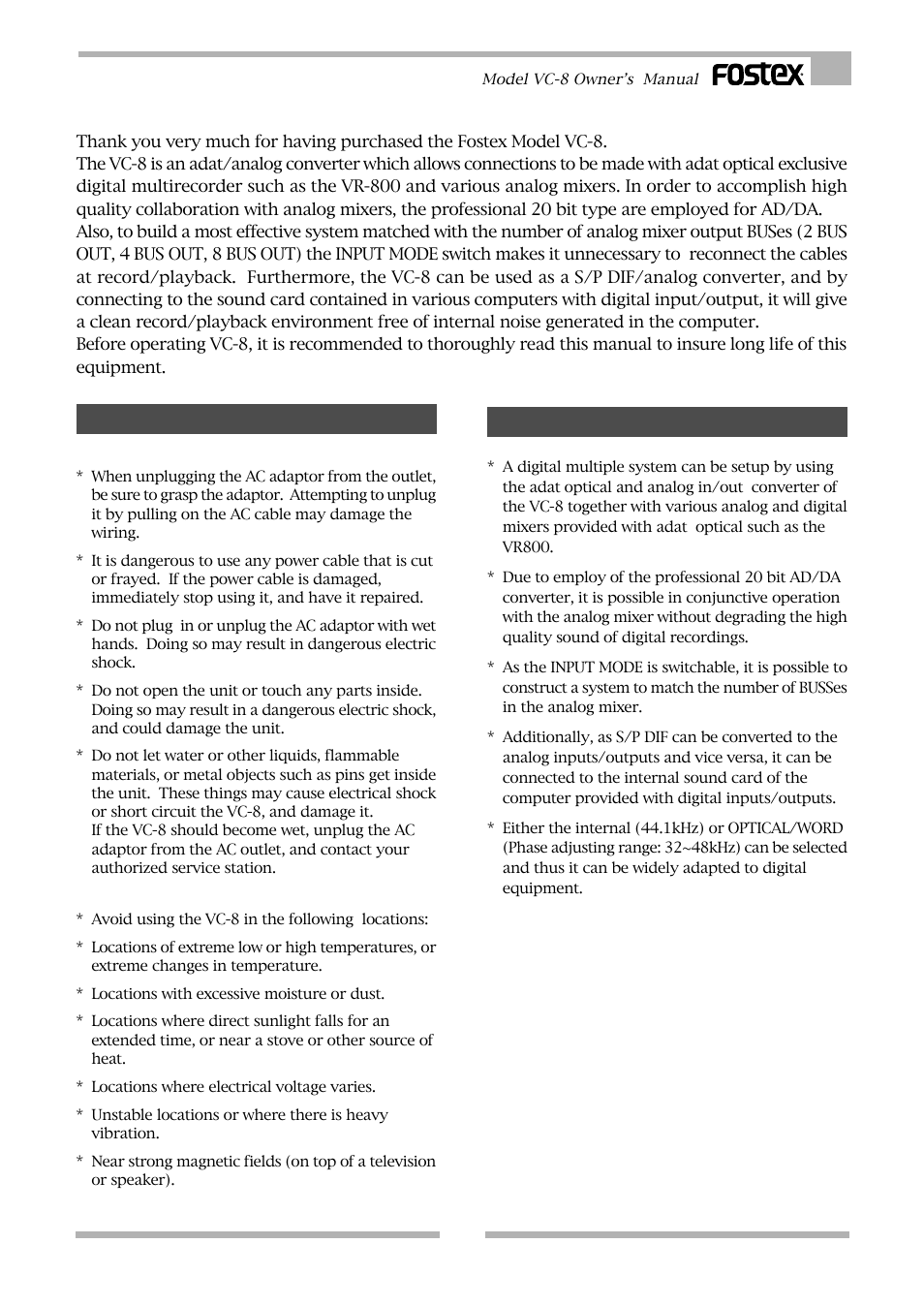 Introduction, Precautions, Outstanding features | Fostex VC-8 User Manual | Page 3 / 10