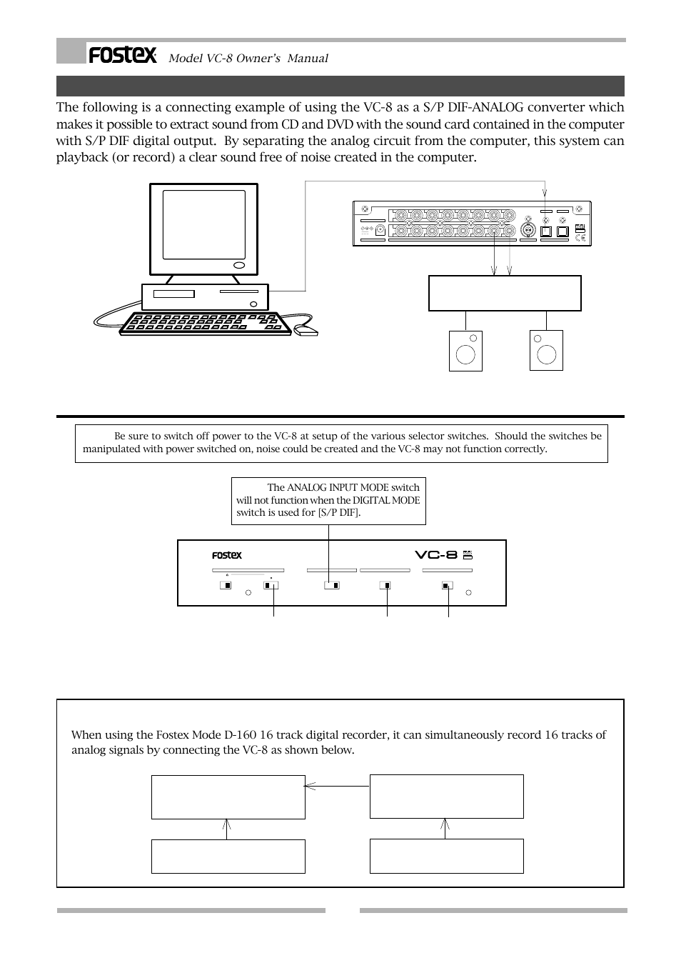 12 vc-8, Setup of the vc-8, Other application examples | Computer/with sound card, D-160 vc-8, Set the digital mode switch to [s/p dif, Set the clock switch to [optical, Switch on power to the vc-8, Model vc-8 owner’s manual, Monitor amplifier or recorder | Fostex VC-8 User Manual | Page 8 / 10