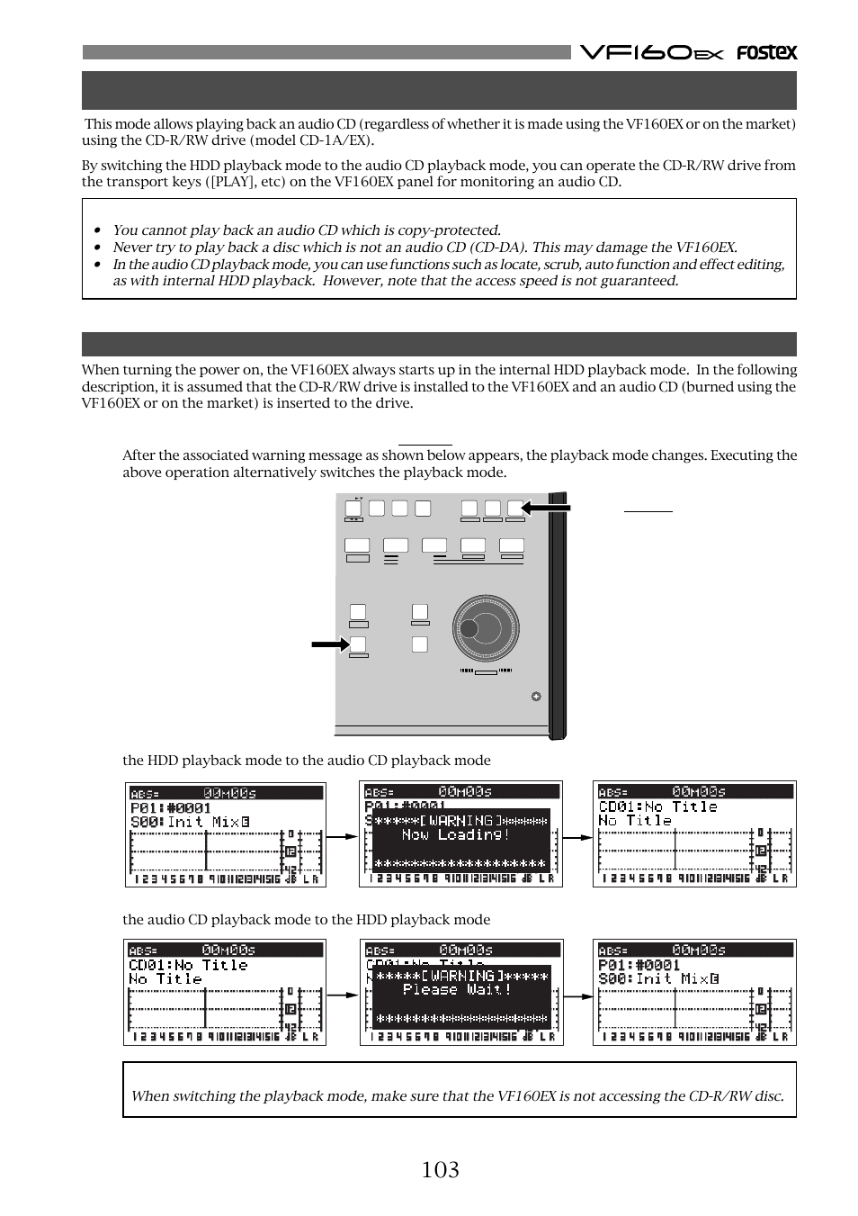 Audio cd playback mode, Switching the playback mode, Caution | Scrub/cd play] key [shift] key | Fostex VF160EX User Manual | Page 103 / 158
