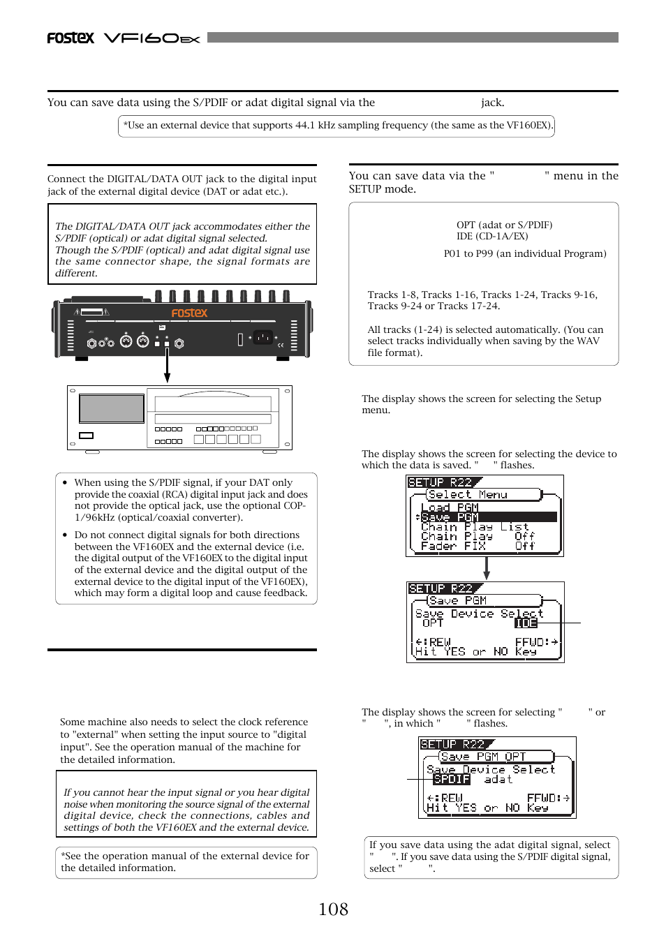 Connecting to an external device, Setting the external device, Saving data | Fostex VF160EX User Manual | Page 108 / 158