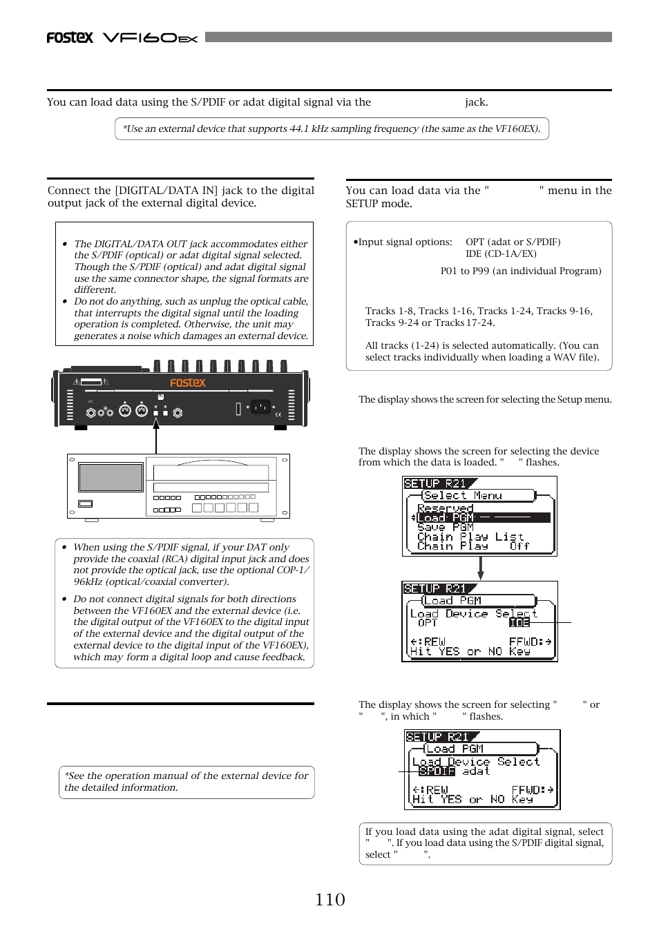 Connecting to an external device, Setting the external device, Loading data | Fostex VF160EX User Manual | Page 110 / 158