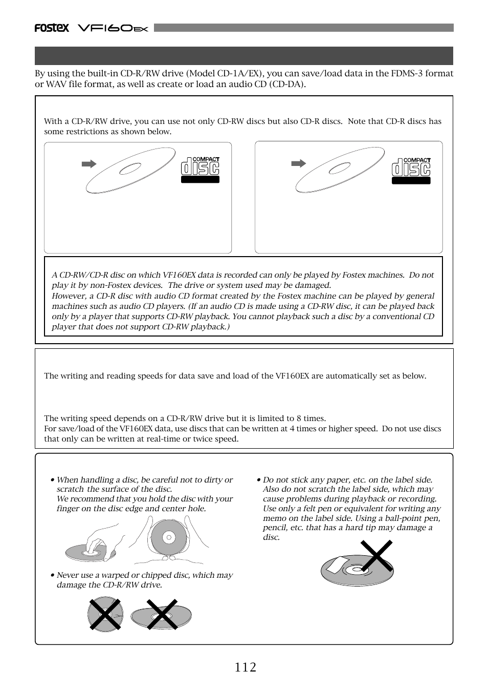 Save/load using cd-rw/cd-r, Care and handling of cd-rw/cd-r discs | Fostex VF160EX User Manual | Page 112 / 158