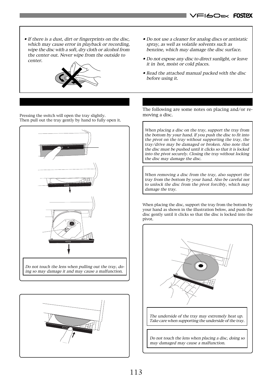 Opening/closing the tray, Placing/removing a disc | Fostex VF160EX User Manual | Page 113 / 158