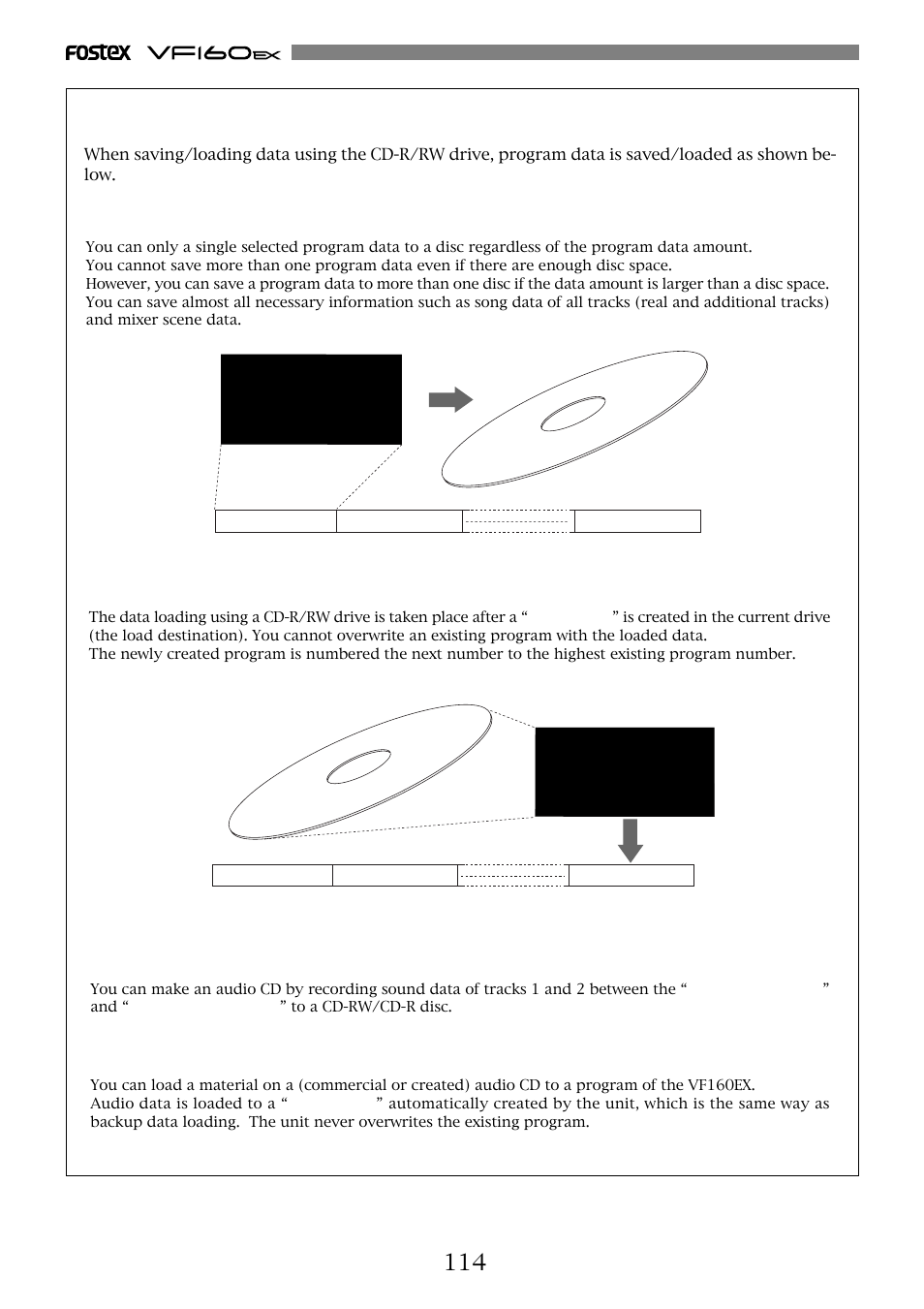 Save/load of song data using a cd-r/rw drive, Save, Creating an audio cd | Loading an audio cd data, Load | Fostex VF160EX User Manual | Page 114 / 158