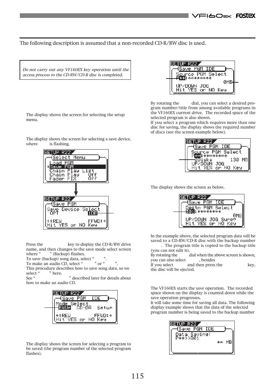 Saving data using a cd-r/rw drive (backup) | Fostex VF160EX User Manual | Page 115 / 158
