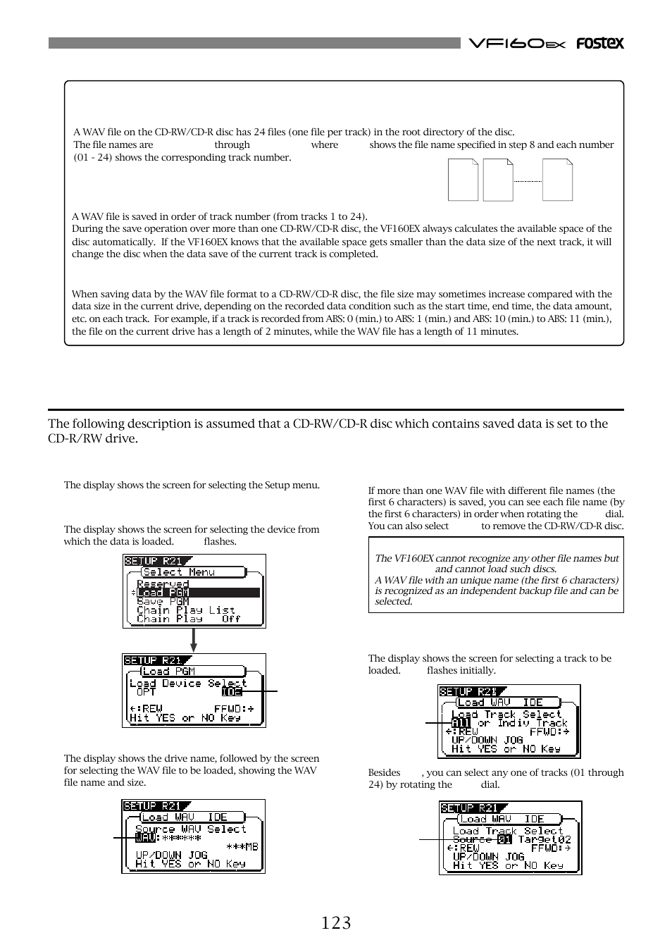 Loading a wav file, About wav files saved | Fostex VF160EX User Manual | Page 123 / 158