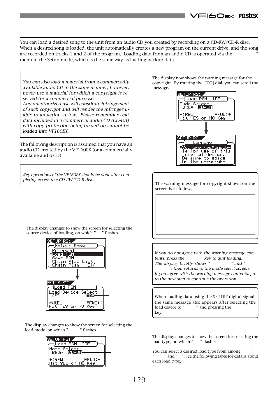 Loading from an audio cd, Warning message | Fostex VF160EX User Manual | Page 129 / 158