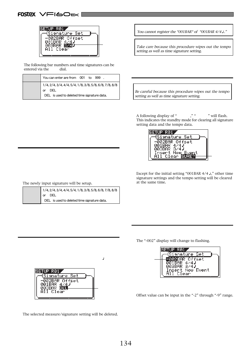 Correcting the registered time signature, Clearing all time signature/tempo data, Changing the bar offset figure | Deleting a time signature | Fostex VF160EX User Manual | Page 134 / 158