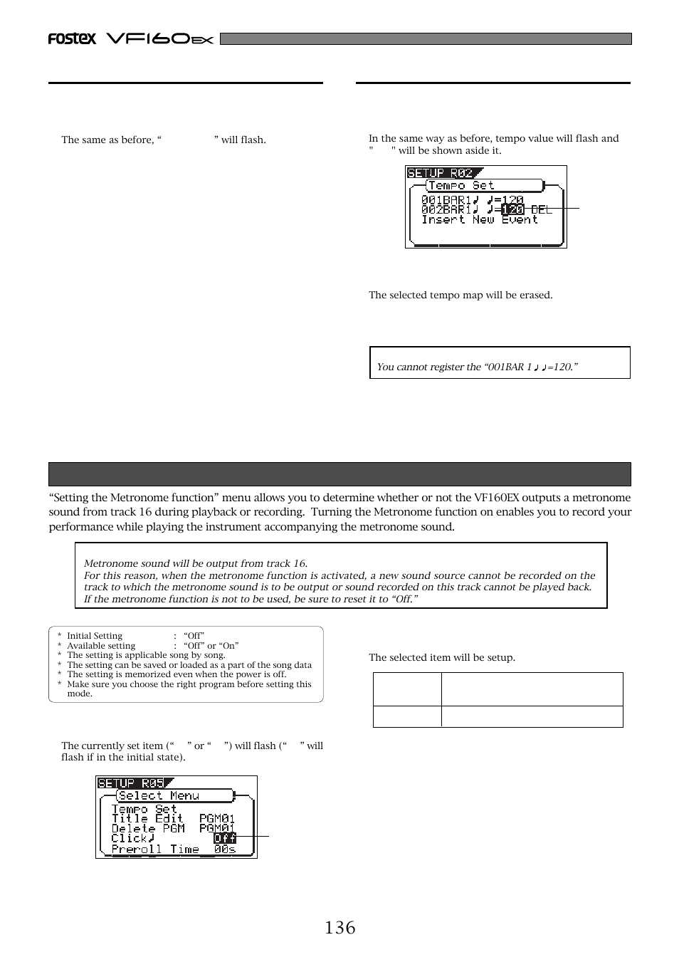 Setting the metronome function [“click, Erasing of the registered tempo, Correction of the registered tempo | Fostex VF160EX User Manual | Page 136 / 158