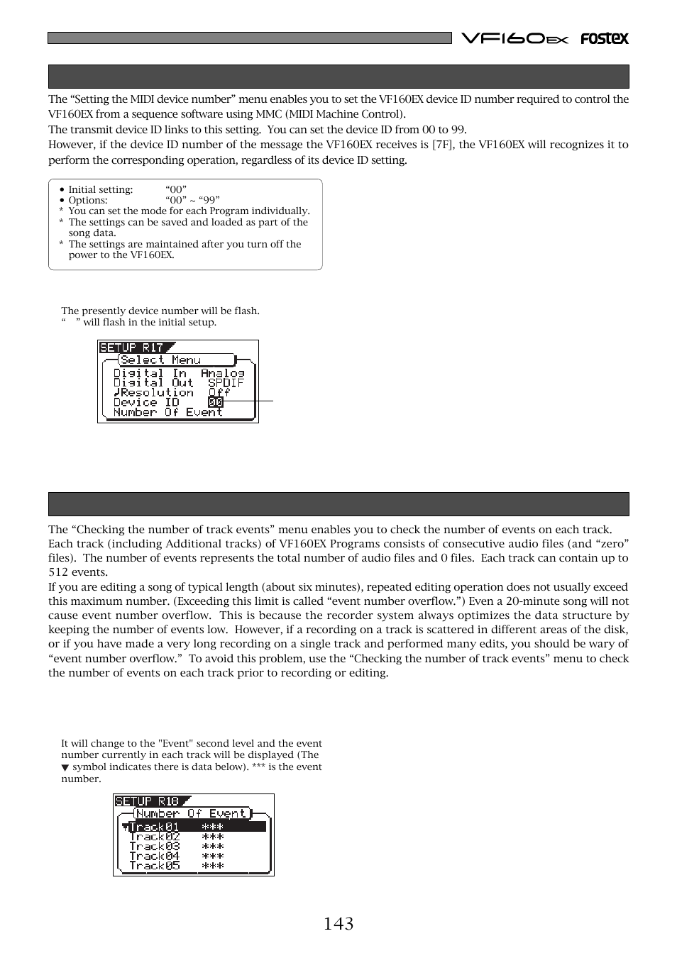 Setting the midi device number [“device id | Fostex VF160EX User Manual | Page 143 / 158