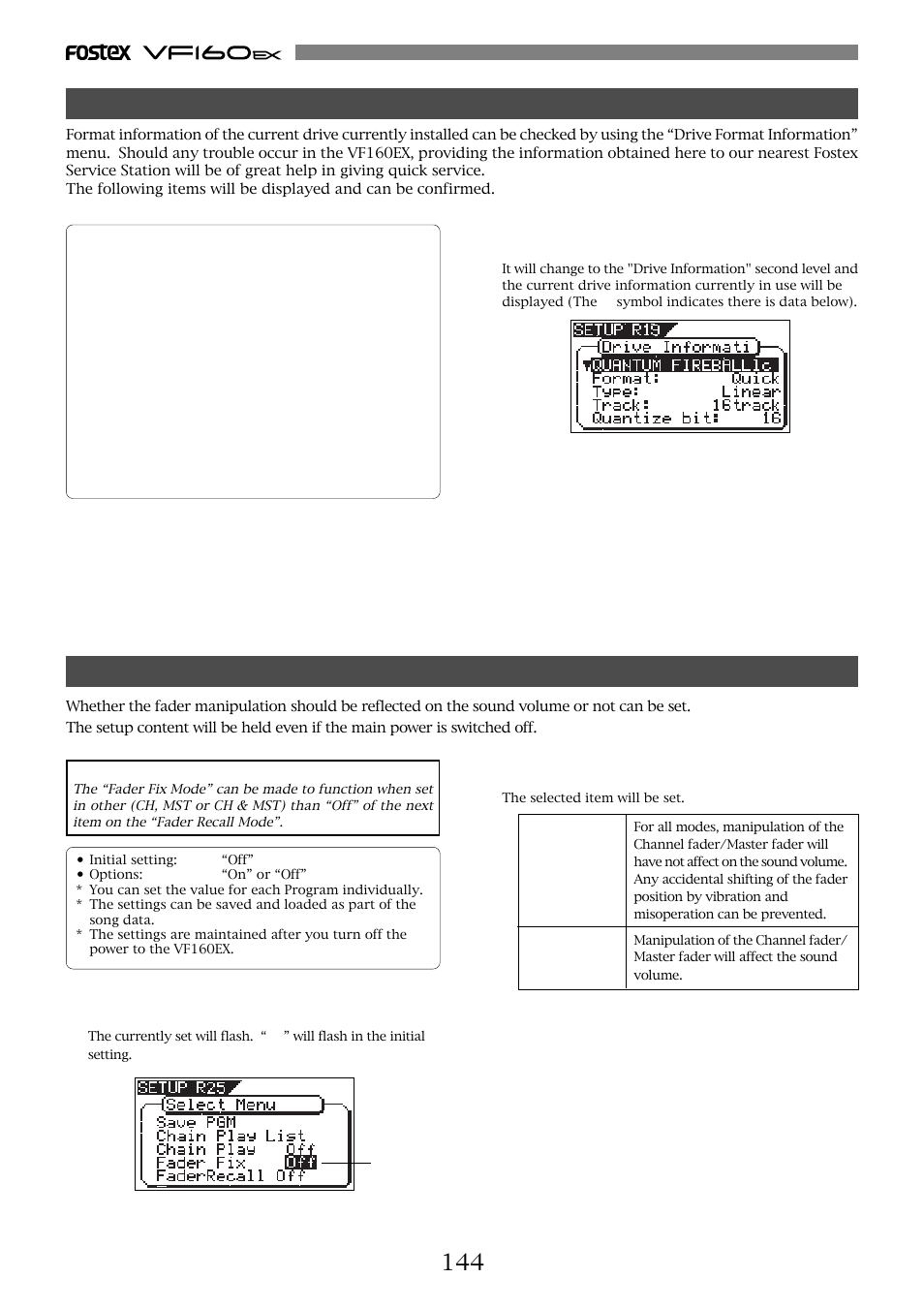 The drive format information [“drive information, Fader fix mode setting [“fader fix | Fostex VF160EX User Manual | Page 144 / 158