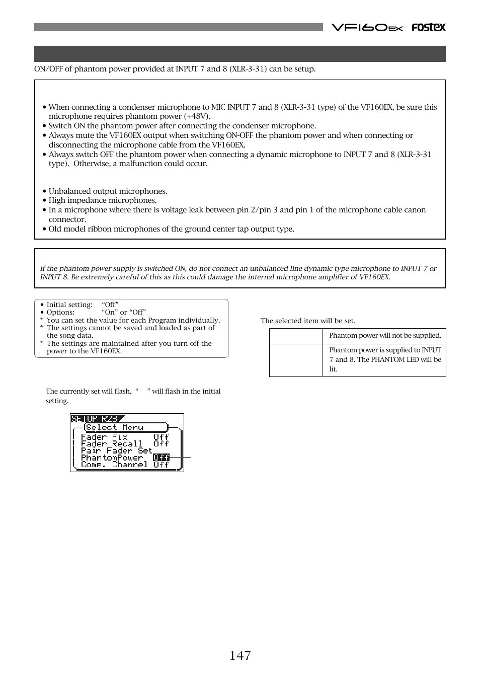 On/off of phantom power setting [“phantom power, Caution | Fostex VF160EX User Manual | Page 147 / 158