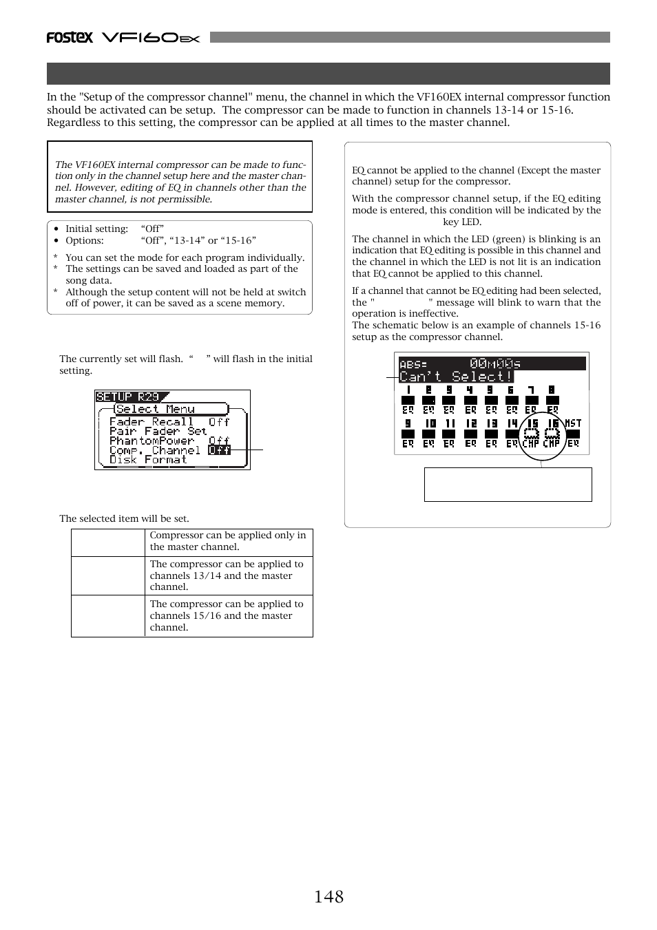 Compressor channel setting [“comp. channel | Fostex VF160EX User Manual | Page 148 / 158