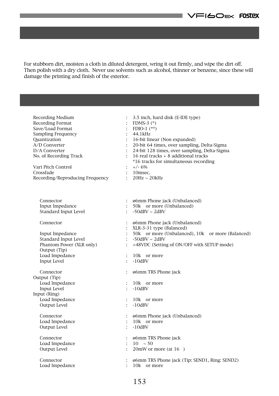 Maintenance specifications | Fostex VF160EX User Manual | Page 153 / 158