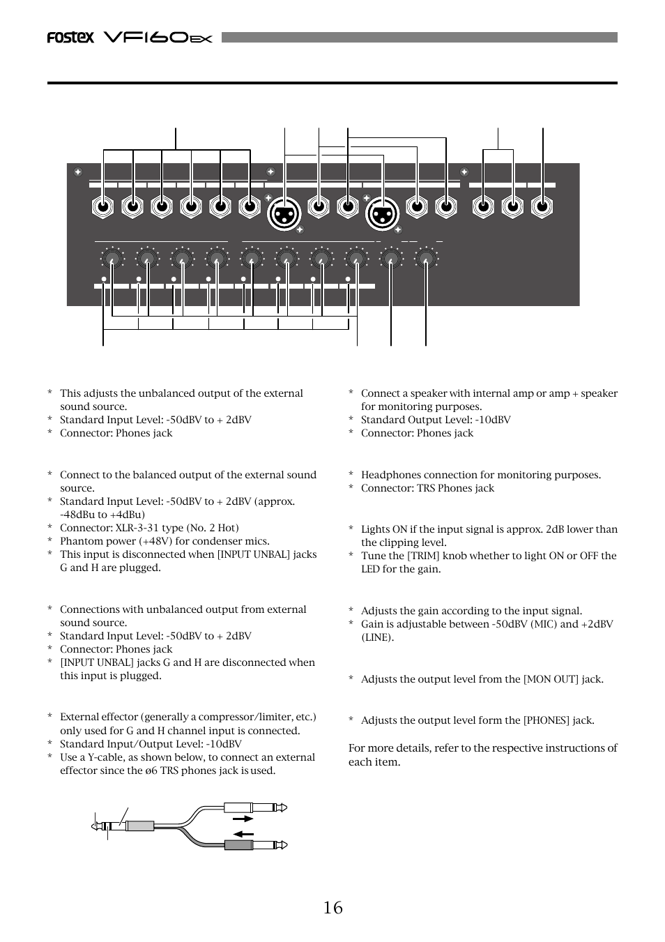 Top panel, [input] (unbalanced) jack: a to f, [input bal] (balanced) jack: g, h | [input unbal] (unbalanced) jack: g, h, [insert] jack: g, h, [mon out] (monitor output) jack: l, r, [phones] (headphones) jack, [peak] led: 1 to 8, [trim] knob: 1 to 8, [mon out] (monitor output) knob | Fostex VF160EX User Manual | Page 16 / 158