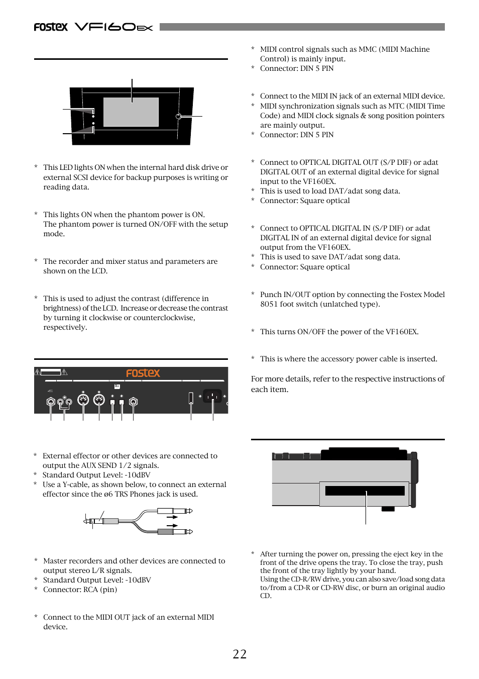 22 top panel, Rear panel, Front panel | [access] led, [phantom] led, Lcd (liquid crystal display), Contrast adjusting knob, [st out-l/r] jack, [midi in] jack, [aux send-1/2] jack | Fostex VF160EX User Manual | Page 22 / 158