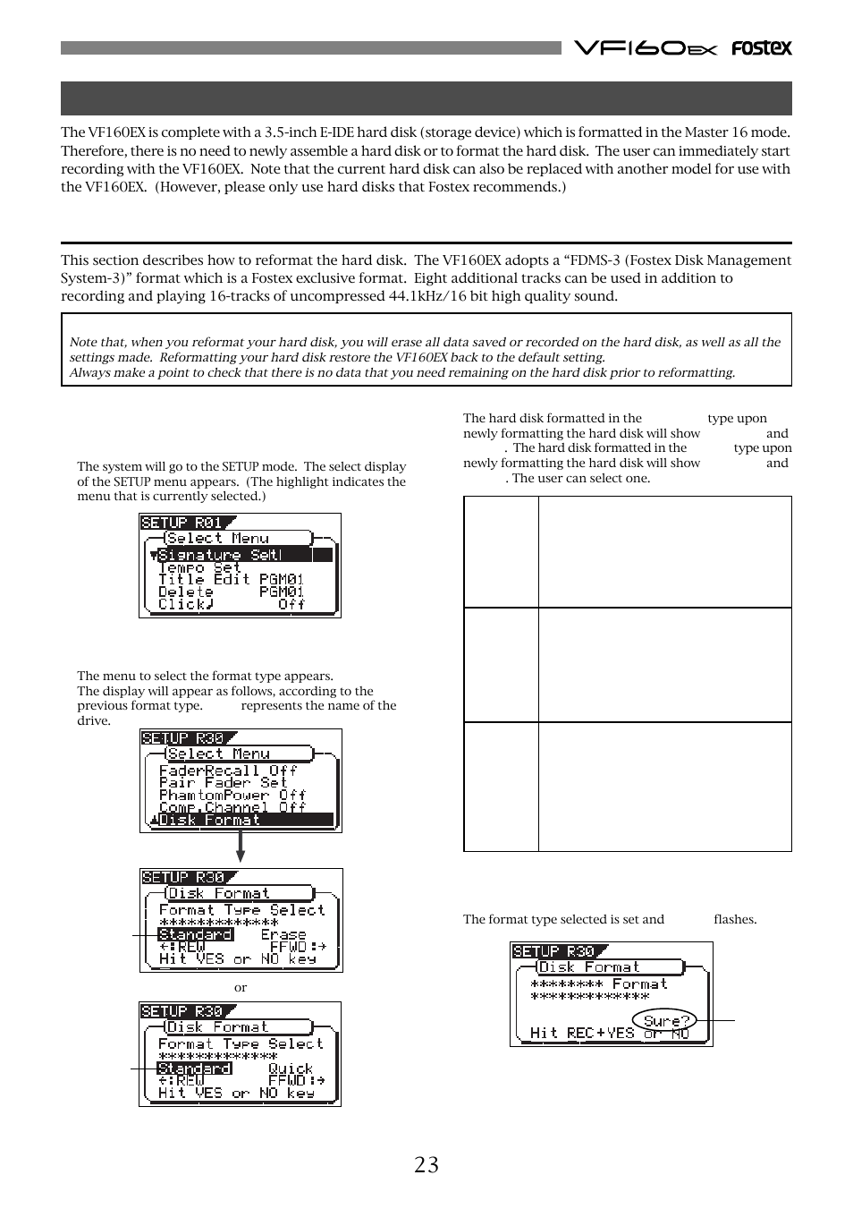 About the hard disk storage device, Reformatting the hard disk | Fostex VF160EX User Manual | Page 23 / 158