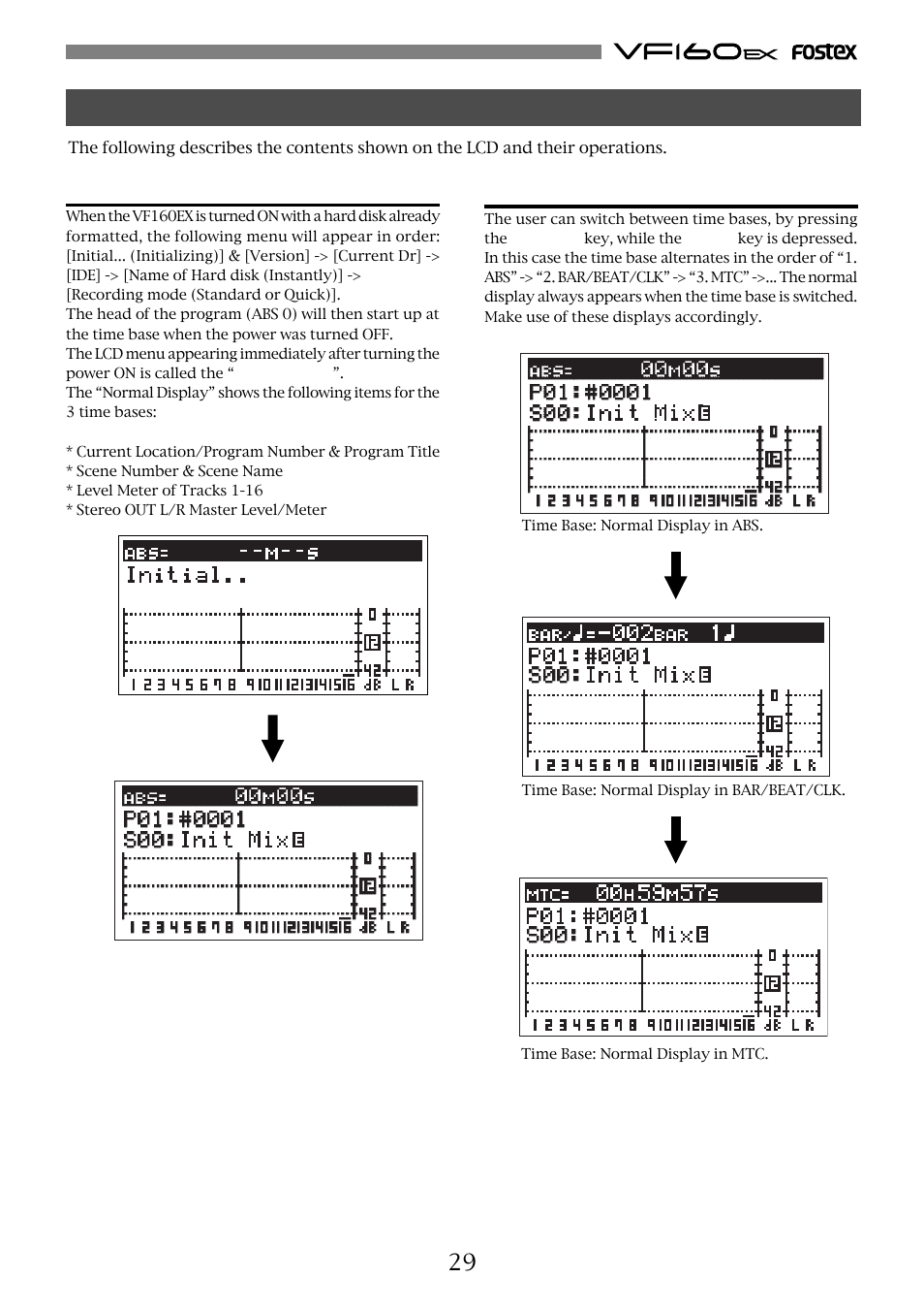Menu shown when turning power on, Switching the time base | Fostex VF160EX User Manual | Page 29 / 158