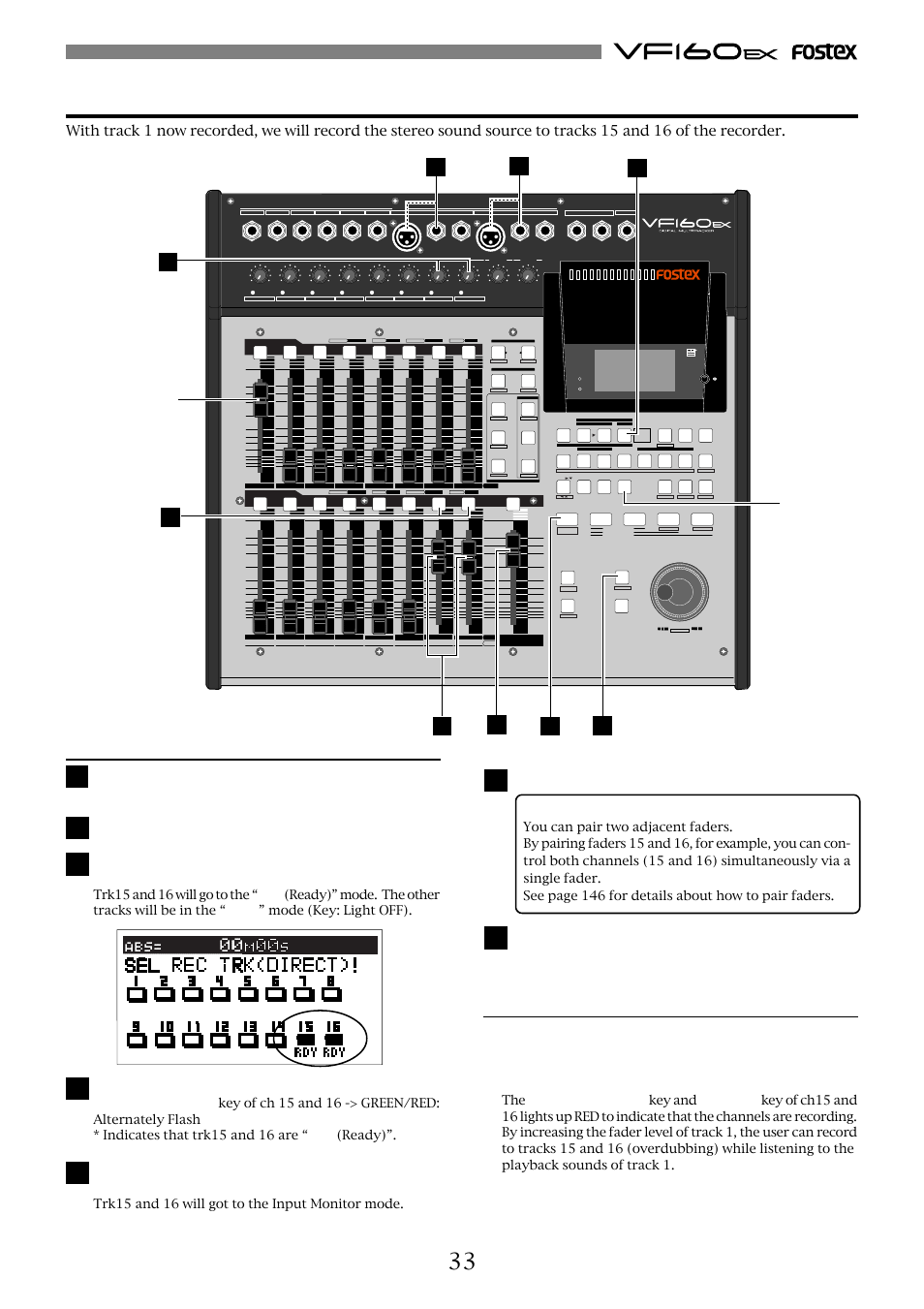 Recording to 2 tracks, Preparing to record, Record | Trk15 and 16 will got to the input monitor mode | Fostex VF160EX User Manual | Page 33 / 158