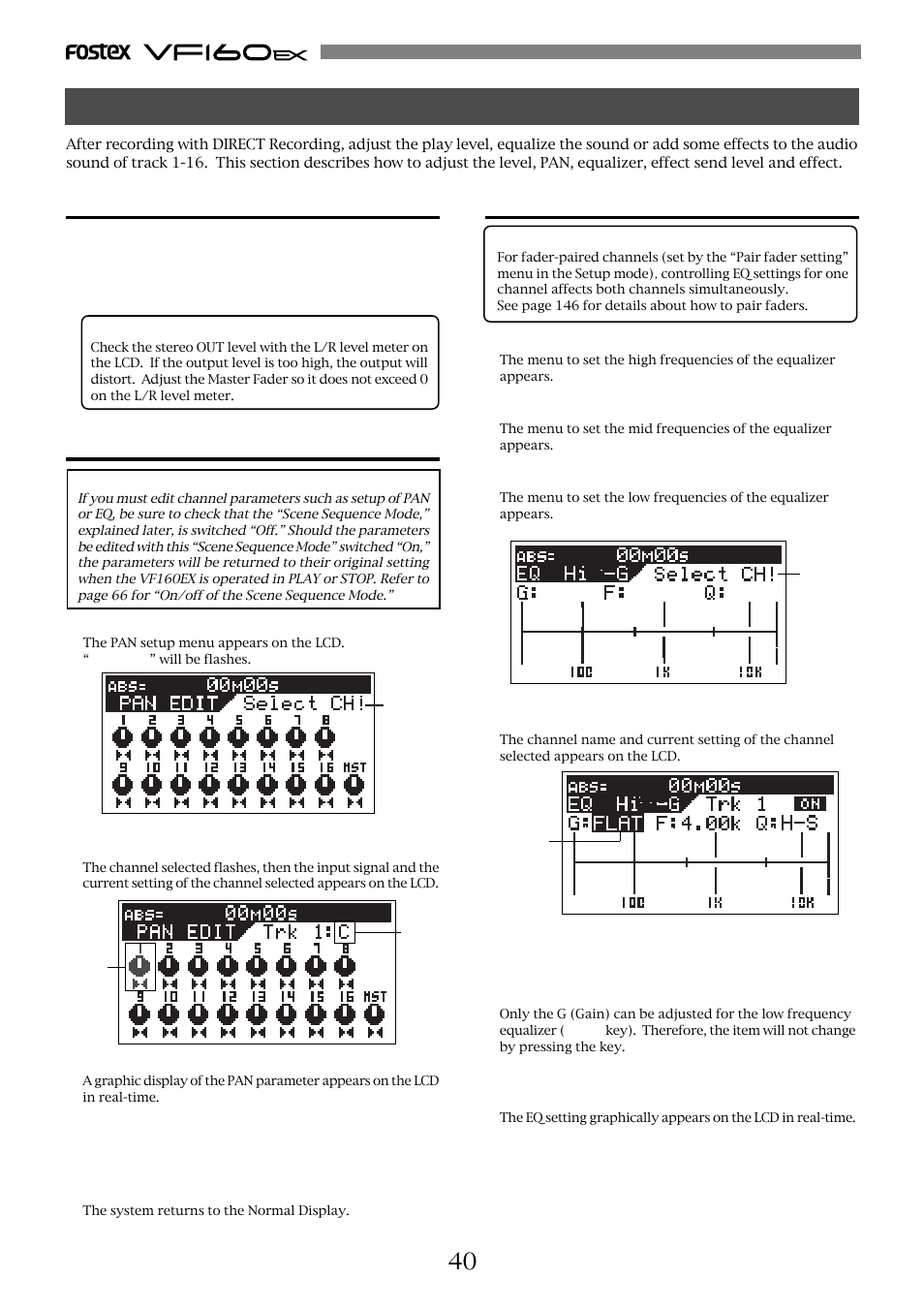 Mixing, Equalizer adjustment, Level adjustment | Pan adjustment | Fostex VF160EX User Manual | Page 40 / 158