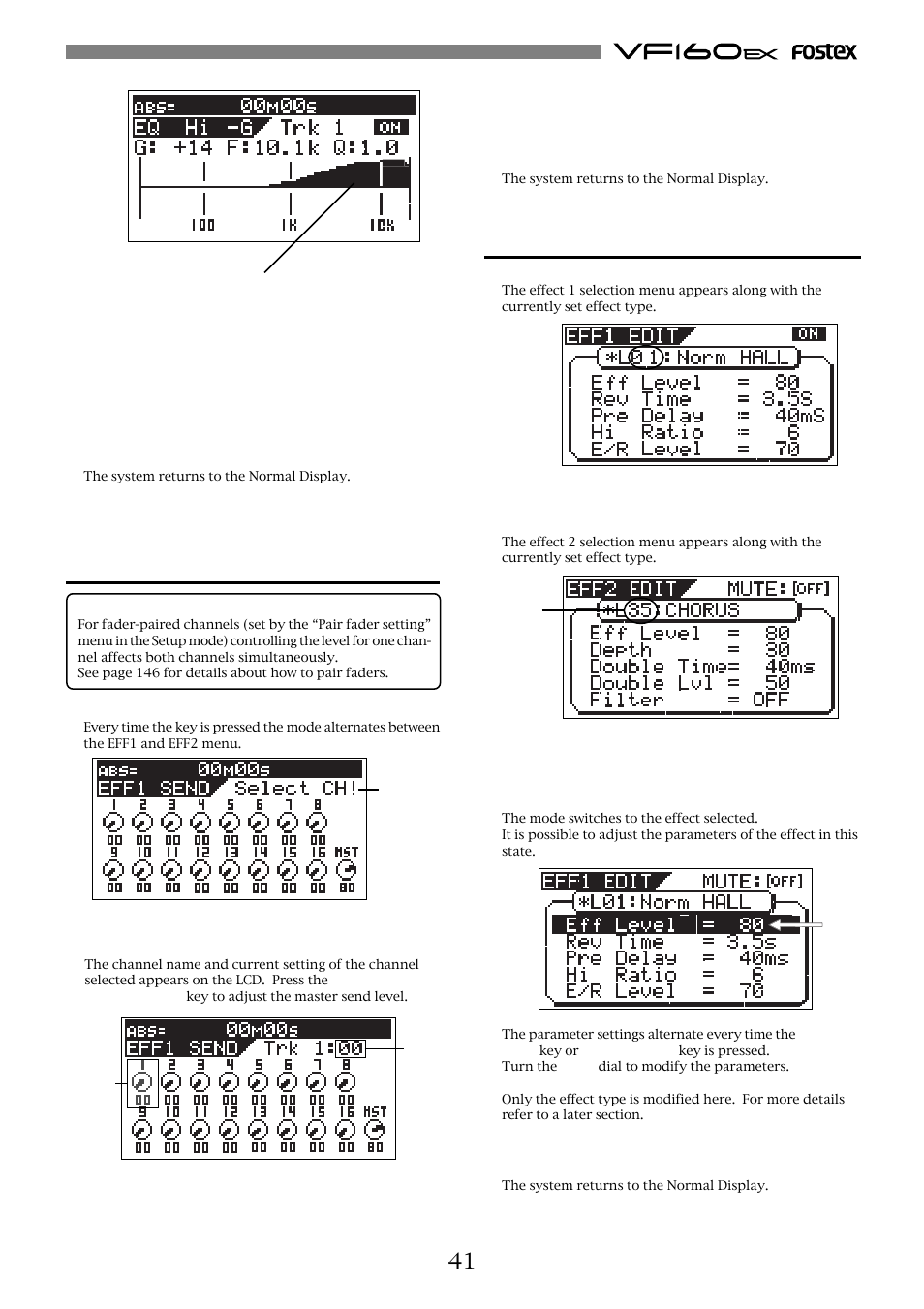 Effect send level adjustment, Modifying effect type | Fostex VF160EX User Manual | Page 41 / 158