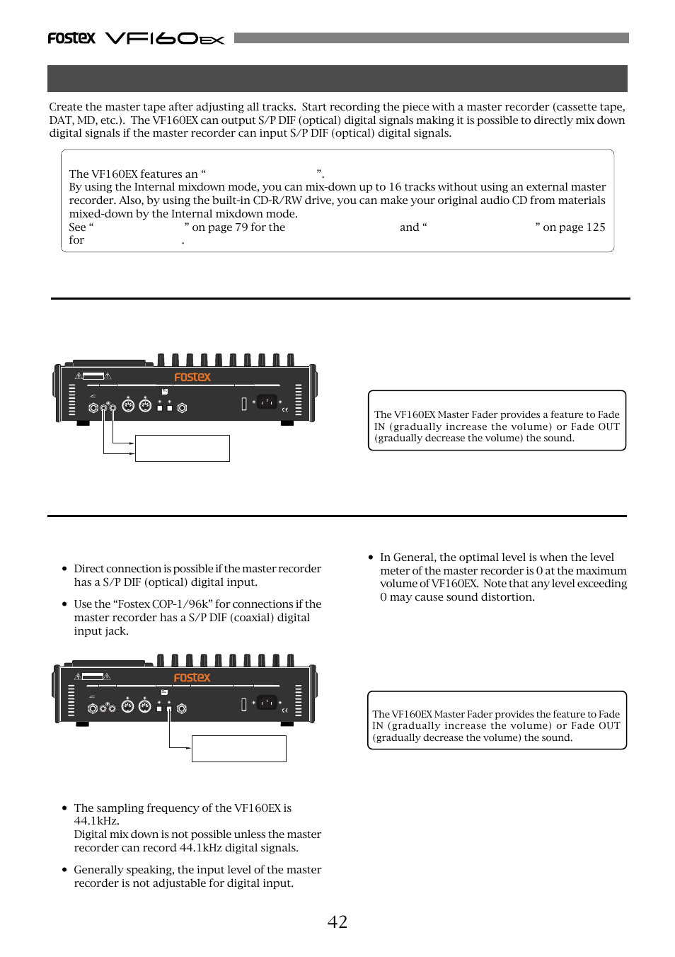Mix down, Analog mix down, Digital mix down | Tips: fade in/out, Optical, Risk of electric shock do not open | Fostex VF160EX User Manual | Page 42 / 158