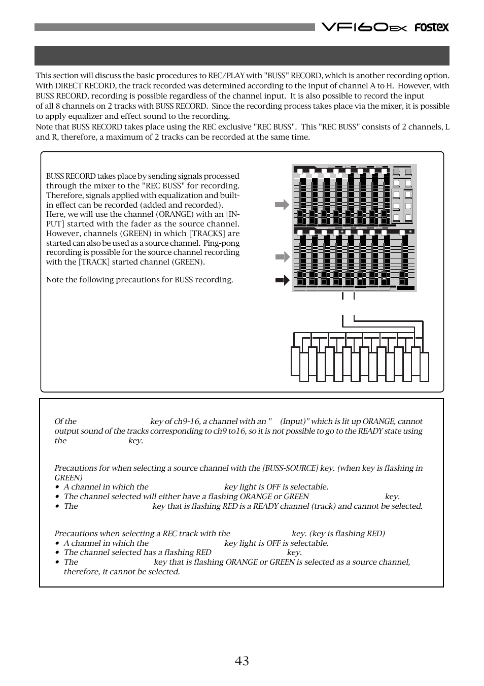 Instructions for recording with buss record, Warning, Description of buss record | Recorder, Mixer, Rec buss | Fostex VF160EX User Manual | Page 43 / 158