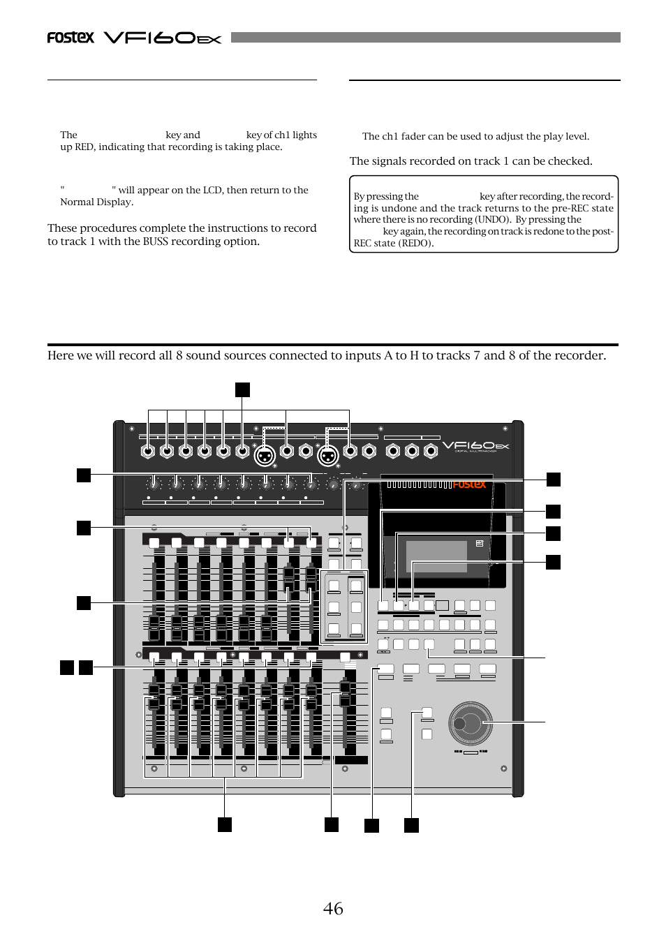 Recording 8 inputs to tracks 7 and 8, Recording, Play | Tips: undo/redo, The signals recorded on track 1 can be checked, Optical, The ch1 fader can be used to adjust the play level | Fostex VF160EX User Manual | Page 46 / 158