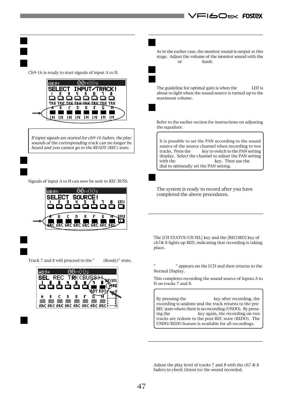 Adjusting the source channel, Record, Play | Preparing to record | Fostex VF160EX User Manual | Page 47 / 158