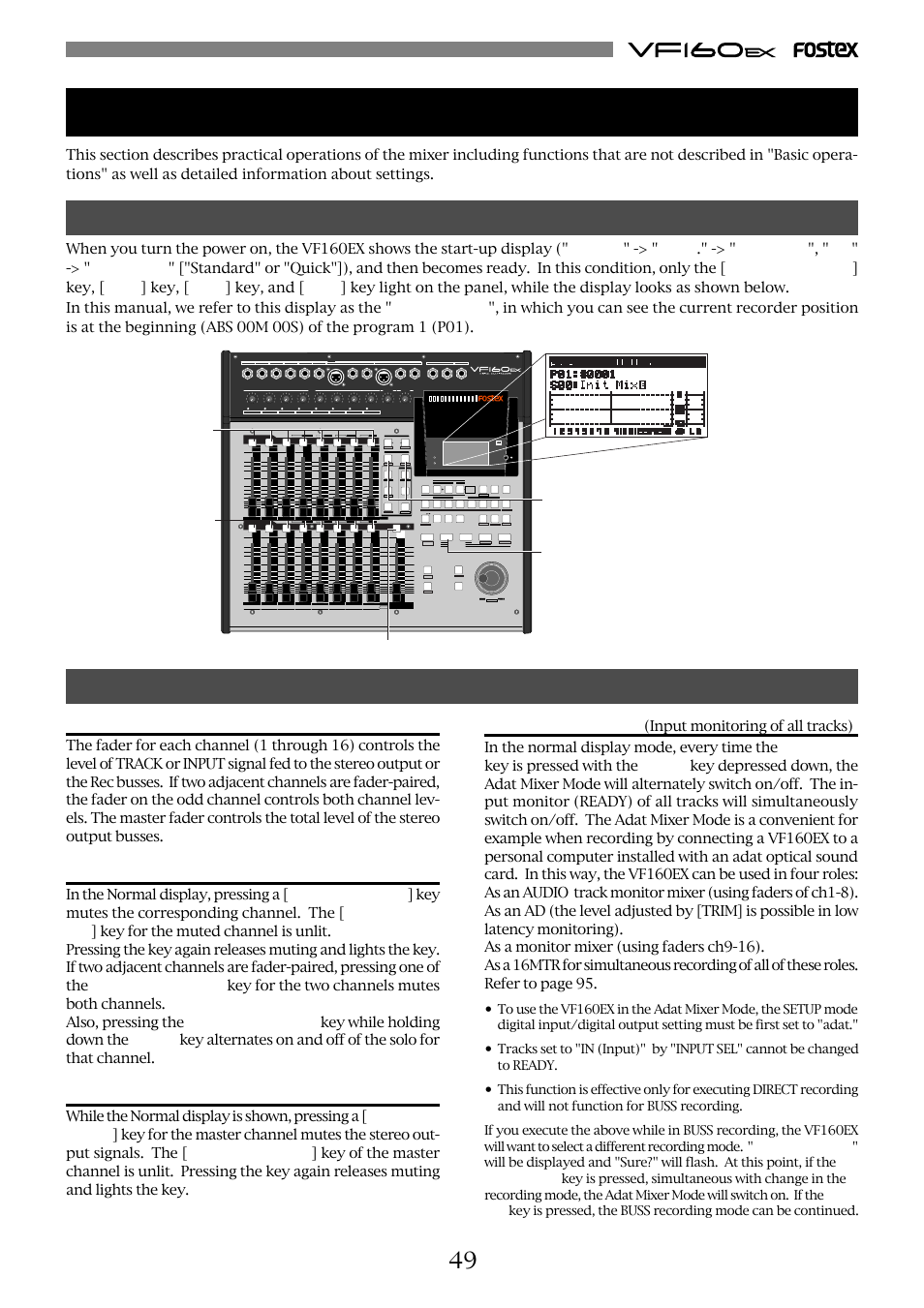 Chapter 3 advanced mixer operations, Initial condition when the power is turned on, Operation while the normal display is shown | Fader, Channel mute and solo function, Master channel mute, Adat mixer mode | Fostex VF160EX User Manual | Page 49 / 158