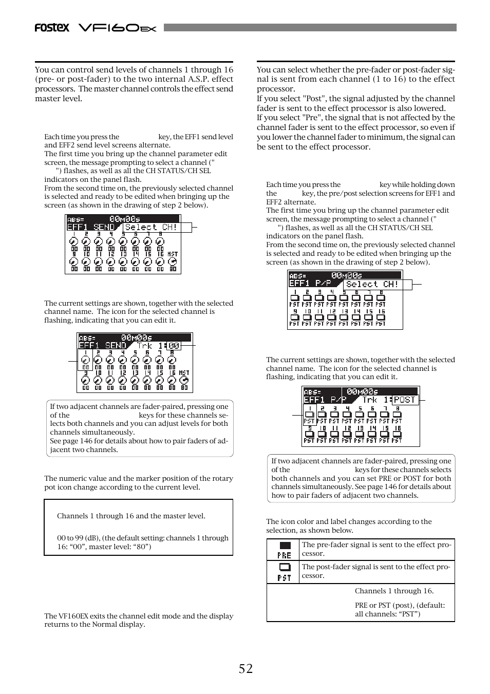 Controlling effect send level, Selecting pre/post of effect sends | Fostex VF160EX User Manual | Page 52 / 158