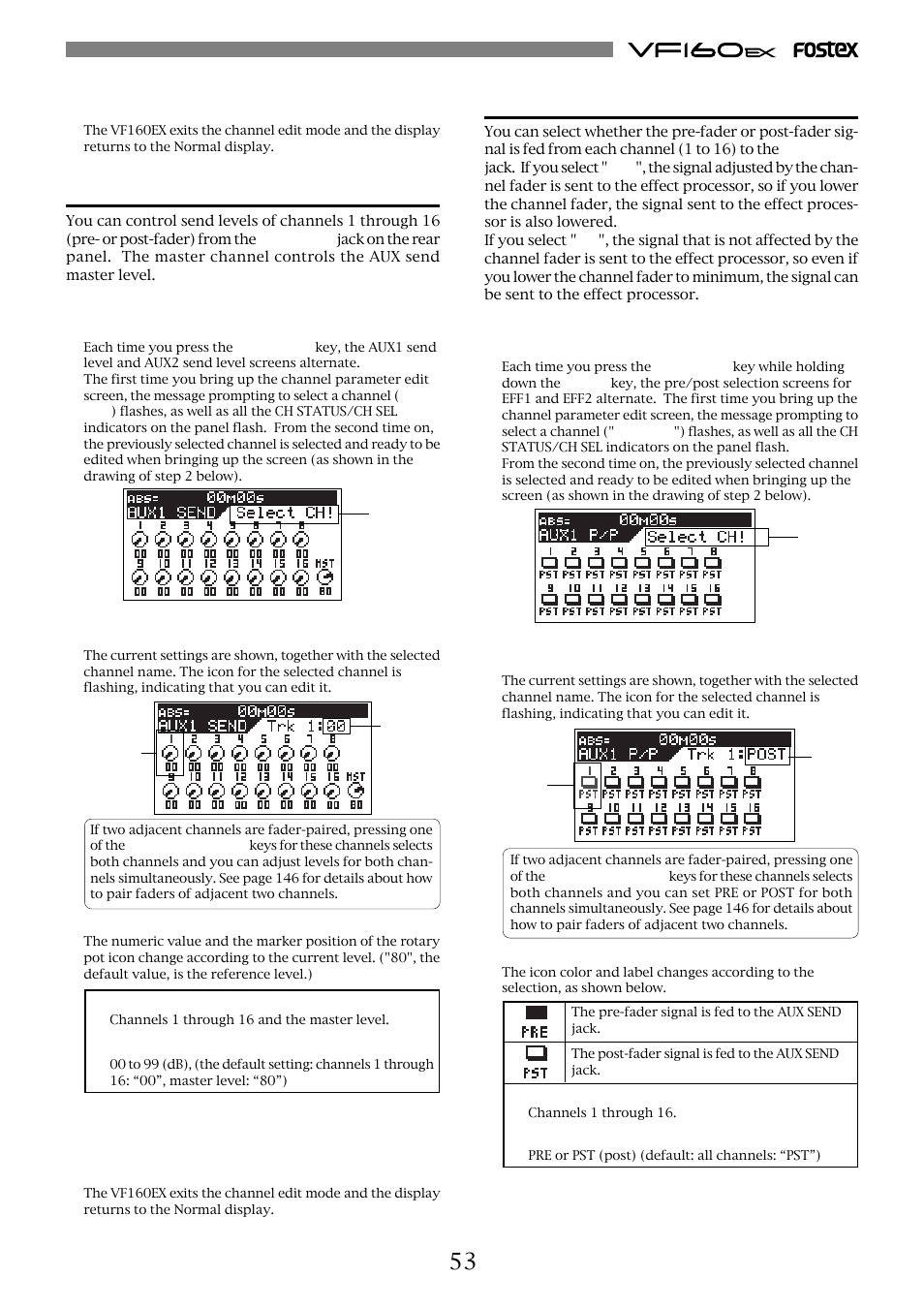 Controlling aux send level, Selecting pre/post of aux sends | Fostex VF160EX User Manual | Page 53 / 158