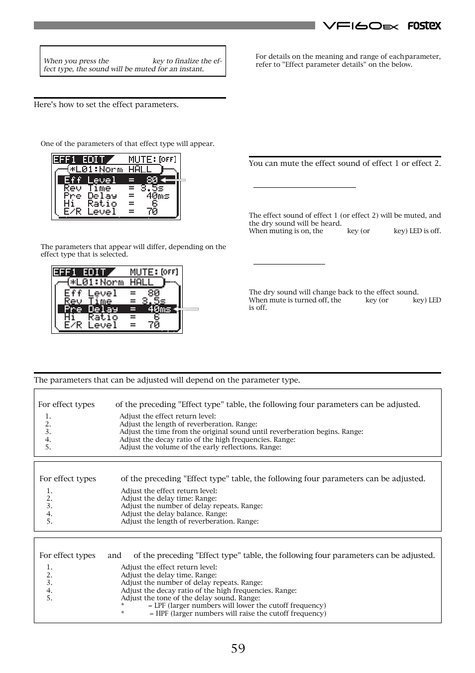 Effect parameter settings, Muting an effect, Effect parameter details | Fostex VF160EX User Manual | Page 59 / 158