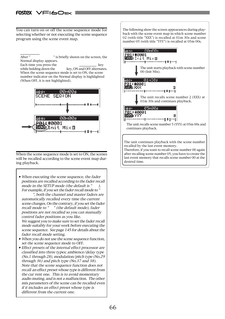 Scene sequence mode on/off selection, Executing the scene sequence | Fostex VF160EX User Manual | Page 66 / 158