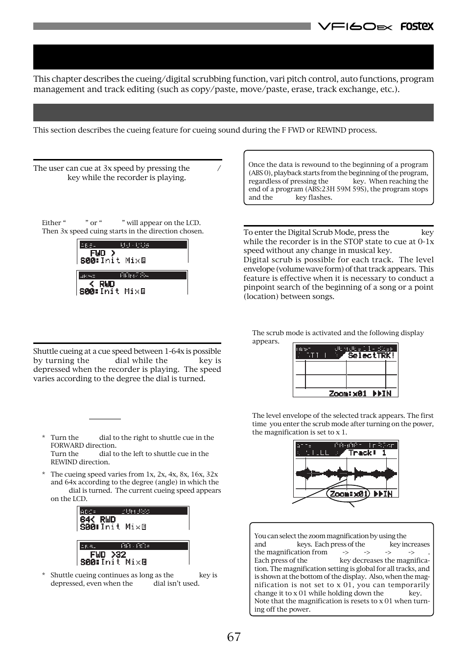 Chapter 4 recorder functions, Cueing/digital scrubbing, Cueing with the [f fwd]/[rewind] key | Shuttle cueing, Digital scrubbing with the [scrub] key | Fostex VF160EX User Manual | Page 67 / 158