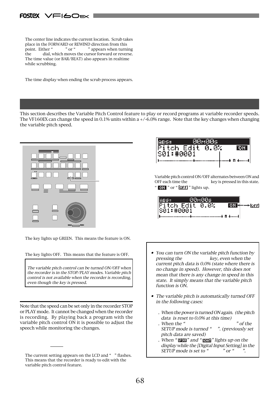 Variable pitch control, Variable pitch control on/off, Setting the speed | Precaution, Press the [vari pitch] key once again | Fostex VF160EX User Manual | Page 68 / 158